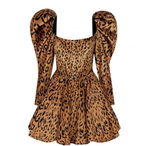 RAISA VANESSA Puffed Sleeve Leopard Print Velvet Mini Dress EU Size 36 US Size 4 - Picture 1 of 10
